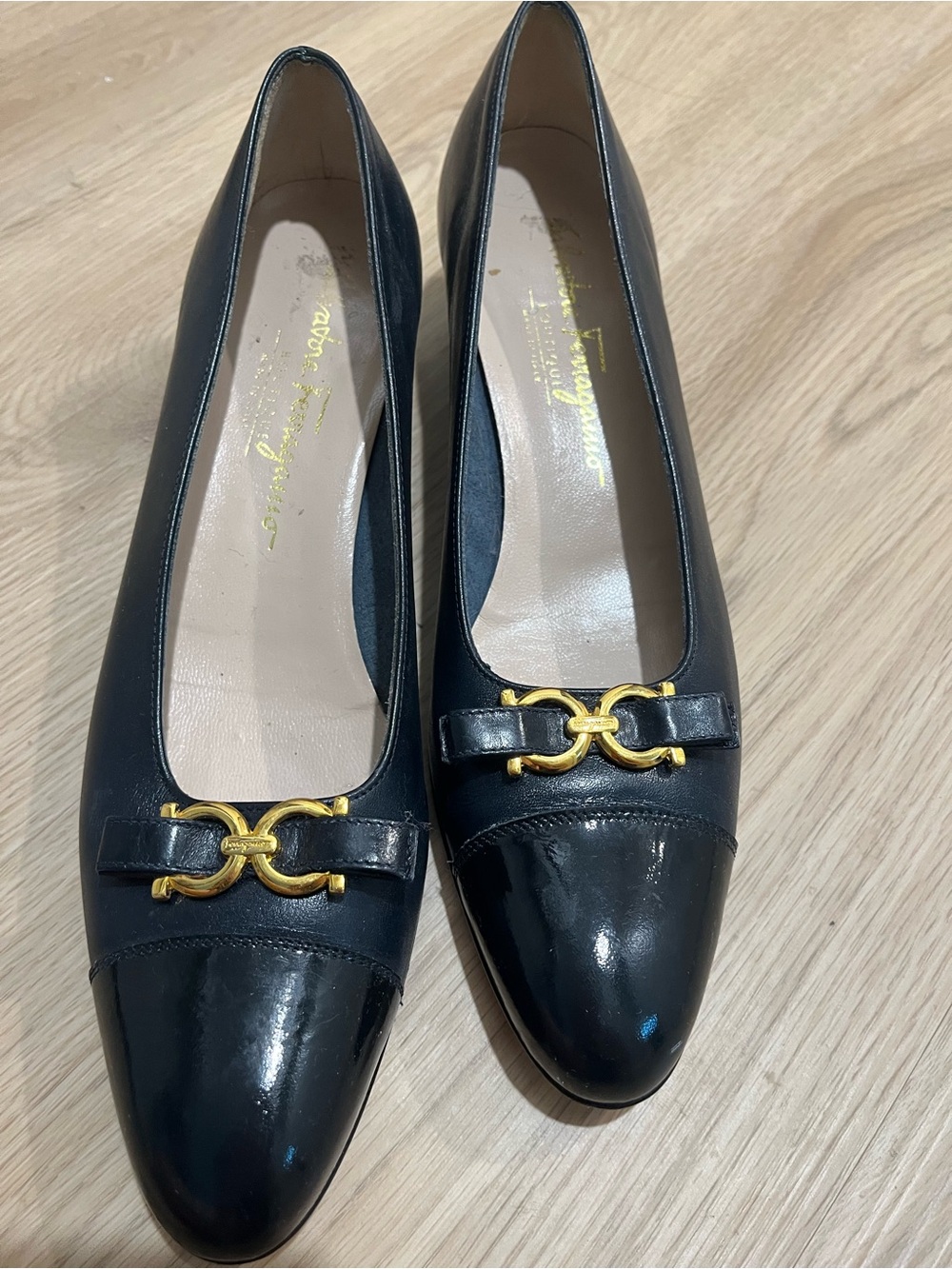 Salvatore Ferragamo Black Leather Mid Block Heel Pumps with Gold Hardware - Picture 4 of 6